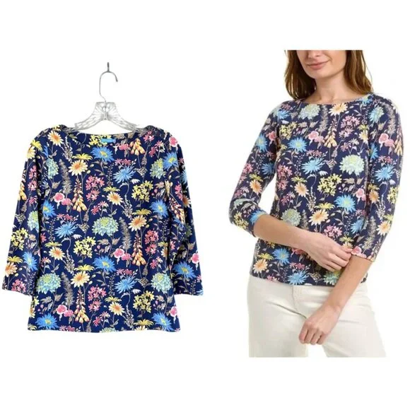 J. McLaughlin Wavesong Catalina Cloth Blue Floral Bateau Neck Top - Picture 1 of 9